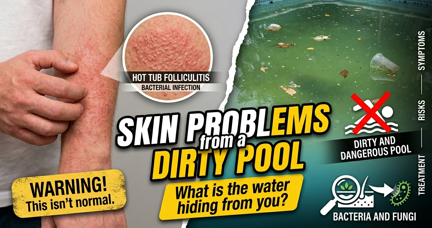 A split image showing a man scratching a red skin rash on his arm next to a neglected, green swimming pool with floating debris. Text overlays warn of "Skin Problems from a Dirty Pool" and highlight "Hot Tub Folliculitis" alongside icons for bacteria and fungi.