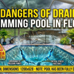 Illustration showing the dangers of draining a swimming pool in Florida. The pool is completely empty, with visible cracks in the structure caused by groundwater pressure. Storm clouds, flooding, and structural damage surround the screened pool enclosure, highlighting the risk of pool uplift and shell failure.