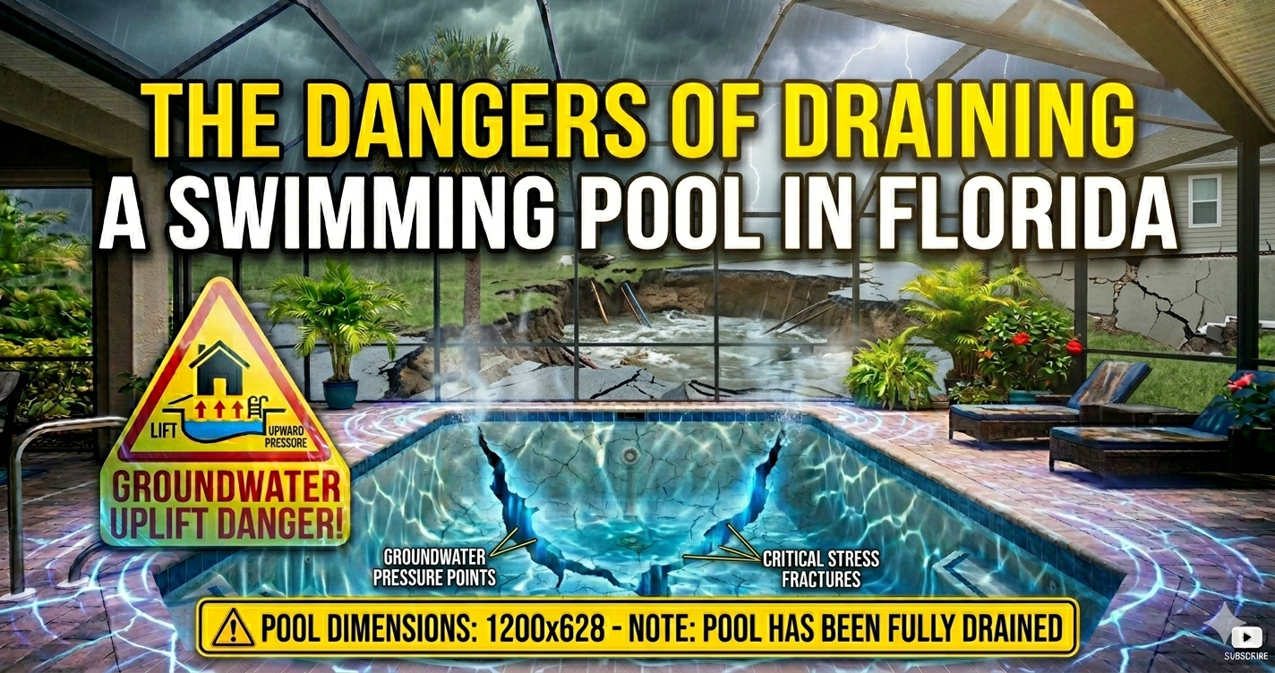 Illustration showing the dangers of draining a swimming pool in Florida. The pool is completely empty, with visible cracks in the structure caused by groundwater pressure. Storm clouds, flooding, and structural damage surround the screened pool enclosure, highlighting the risk of pool uplift and shell failure.