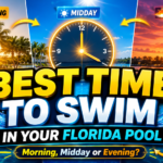 A split-screen view of a Florida swimming pool showing morning, midday, and evening skies, with text asking 'Best Time to Swim in Your Florida Pool'.