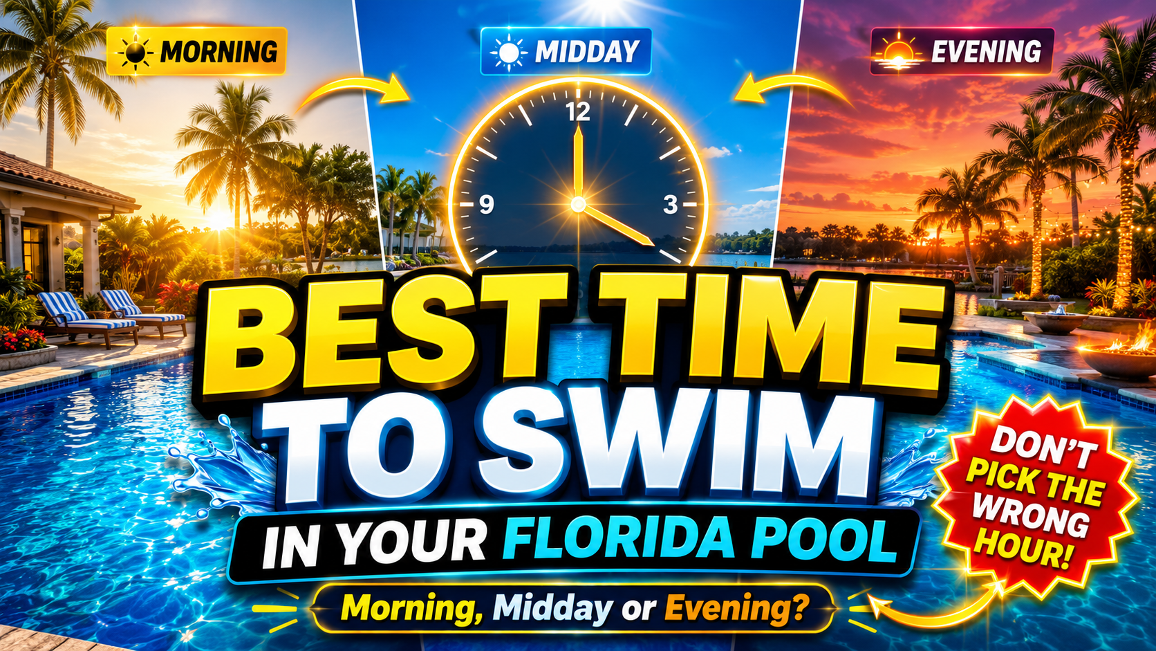A split-screen view of a Florida swimming pool showing morning, midday, and evening skies, with text asking 'Best Time to Swim in Your Florida Pool'.