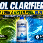 Split view of a swimming pool showing green, cloudy water on the left and clear, blue water on the right, with a bottle of pool clarifier in the center