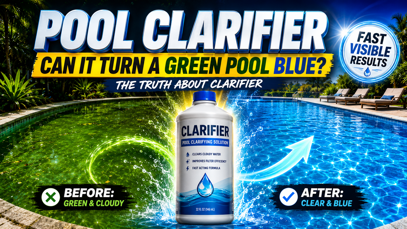 Split view of a swimming pool showing green, cloudy water on the left and clear, blue water on the right, with a bottle of pool clarifier in the center