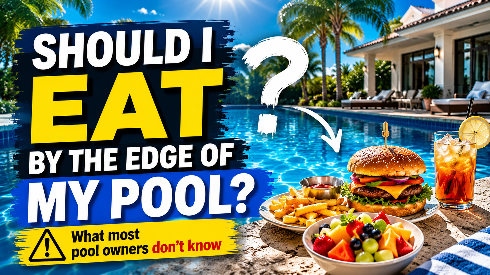 A burger, fries, fruit bowl, and iced drink sitting on the edge of a swimming pool with the text "Should I eat by the edge of my pool? What most pool owners don't know