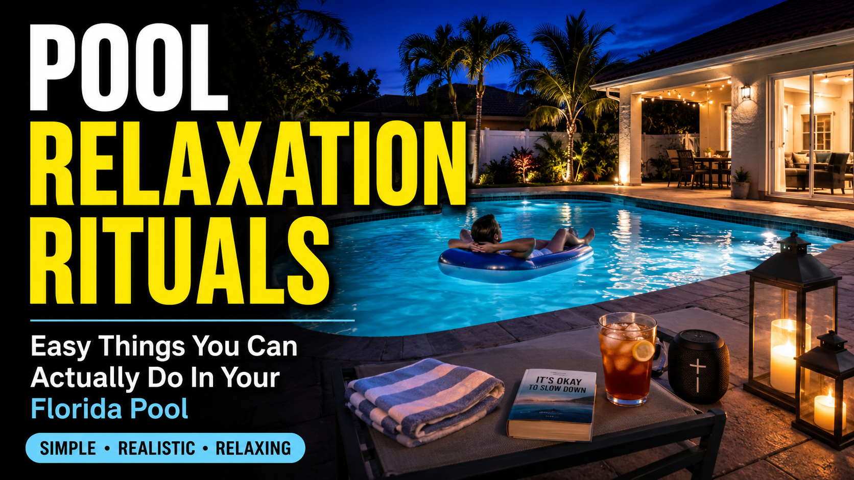 A person floating peacefully on a blue raft in a brightly lit backyard pool at night. In the foreground, a patio chair holds a striped towel, an iced beverage, a portable speaker, and a book titled "It's Okay to Slow Down". Text overlay reads: "Pool Relaxation Rituals - Easy Things You Can Actually Do In Your Florida Pool. Simple - Realistic - Relaxing