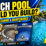 Fiberglass pool low maintenance comparison showing why it beats concrete and vinyl liner pools for easy cleaning and long-term savings. Modern backyard pool with palm trees in the background.