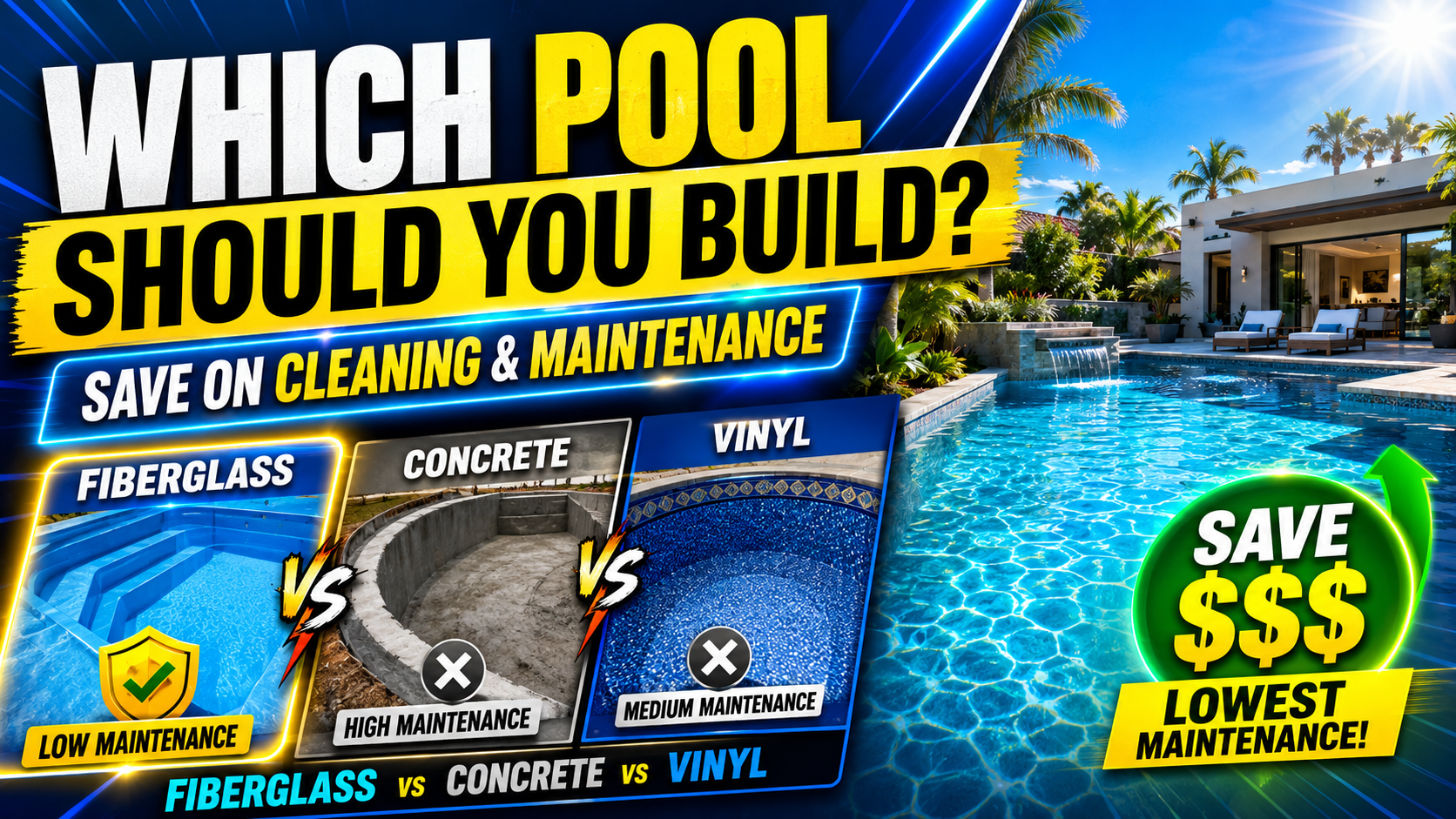 Fiberglass pool low maintenance comparison showing why it beats concrete and vinyl liner pools for easy cleaning and long-term savings. Modern backyard pool with palm trees in the background.