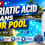 Before and after comparison of a swimming pool treated with muriatic acid, showing the transformation from green, cloudy water to crystal clear blue water, next to a gallon of professional muriatic acid pool care.