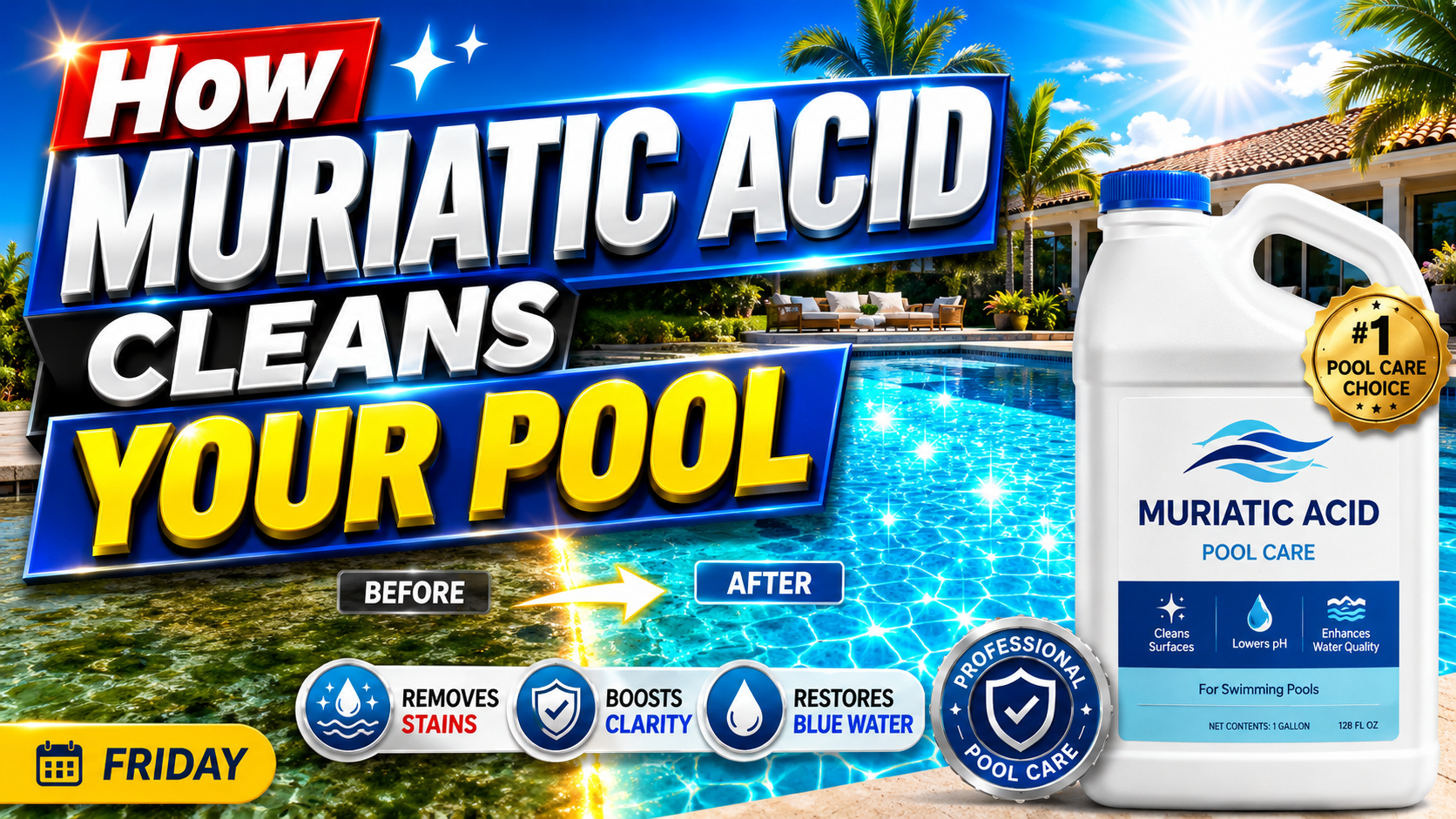 Before and after comparison of a swimming pool treated with muriatic acid, showing the transformation from green, cloudy water to crystal clear blue water, next to a gallon of professional muriatic acid pool care.