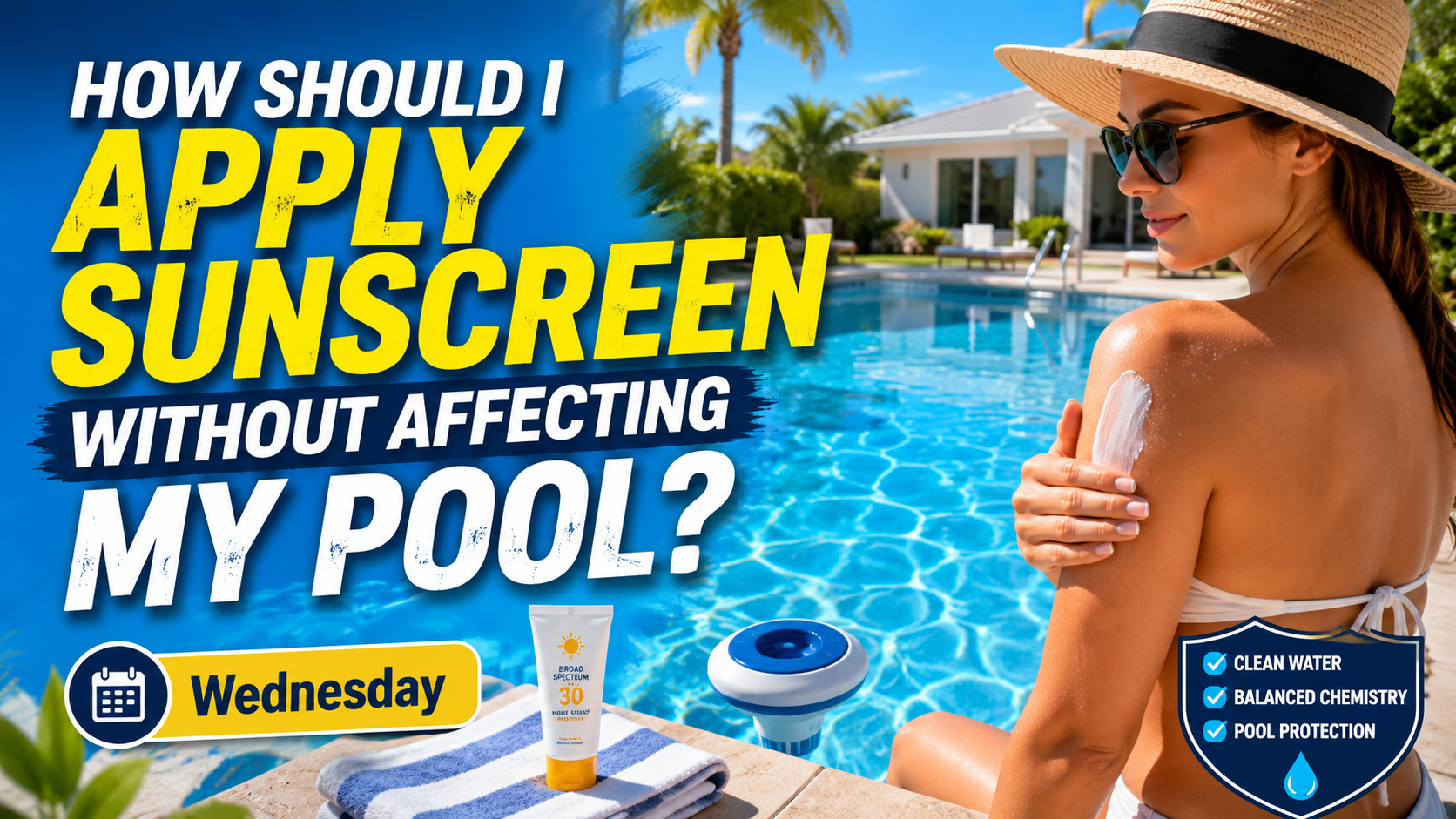 Woman applying sunscreen next to a swimming pool with text overlay How Should I Apply Sunscreen Without Affecting My Pool.