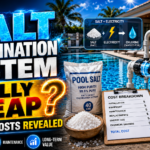 Illustration of a swimming pool salt chlorination system featuring a salt cell, pool salt bag, calculator, and a cost breakdown clipboard with the text 'Is a salt chlorination system really cheap? The real costs revealed'.