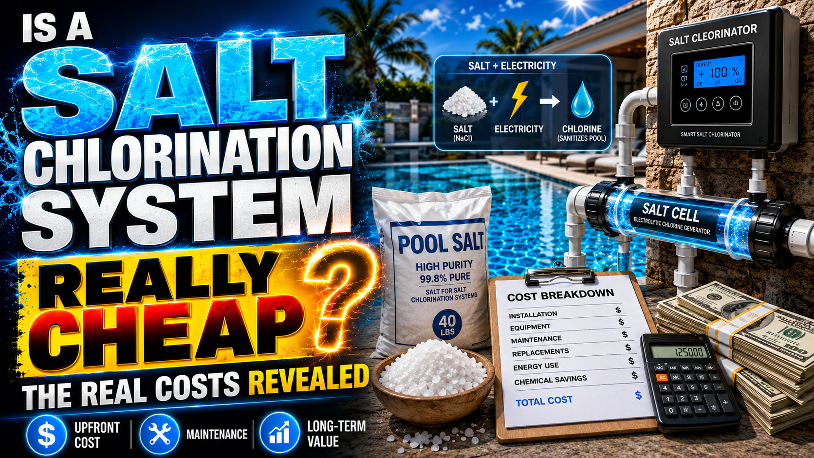 Illustration of a swimming pool salt chlorination system featuring a salt cell, pool salt bag, calculator, and a cost breakdown clipboard with the text 'Is a salt chlorination system really cheap? The real costs revealed'.