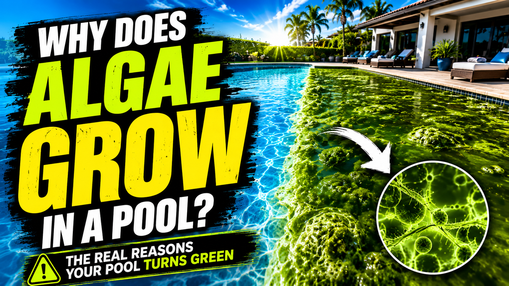 Split view of a clean blue swimming pool and a green algae-infested pool, highlighting a microscopic view of algae cells to explain the biological causes of green pool water.