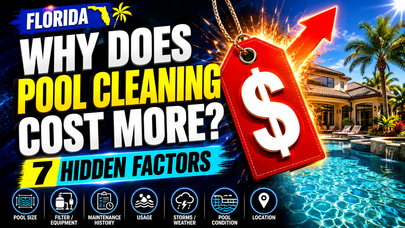 Why does pool cleaning cost more in Florida? Infographic showing 7 hidden factors that affect pool service prices, including pool size, equipment condition, maintenance history, usage, storms, and location.