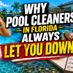 Frustrated Florida homeowner looking at a green and cloudy swimming pool after a failed pool cleaning service