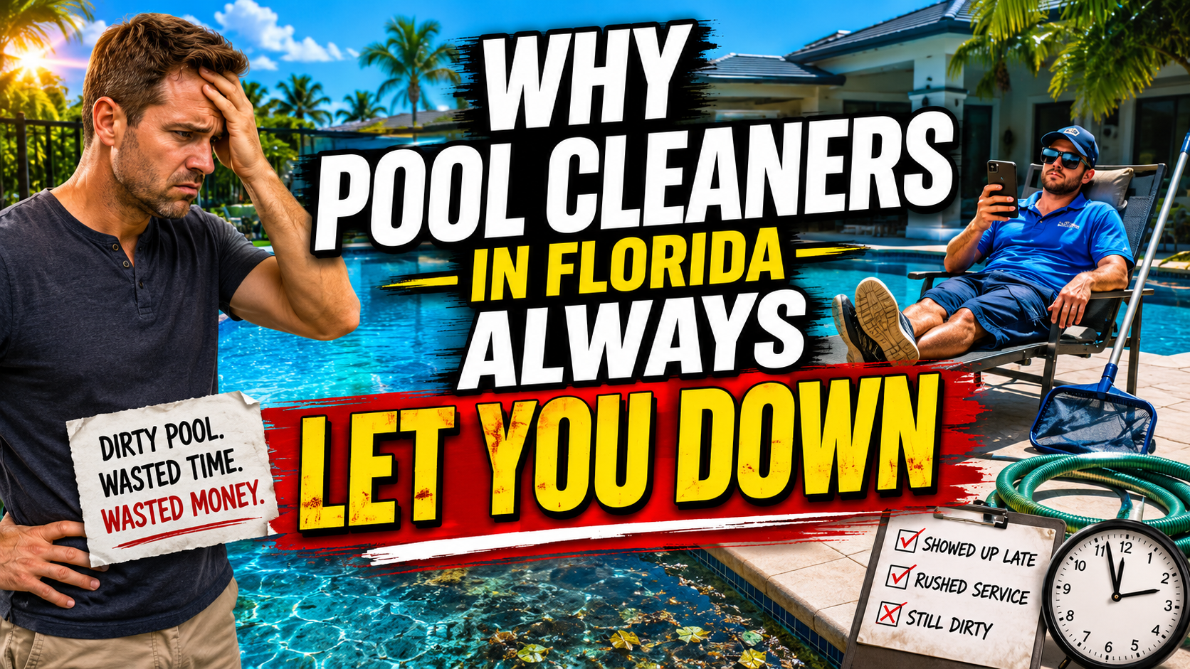 Frustrated Florida homeowner looking at a green and cloudy swimming pool after a failed pool cleaning service