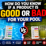 Good vs bad pool products comparison showing clean water versus cloudy water with pool chemicals