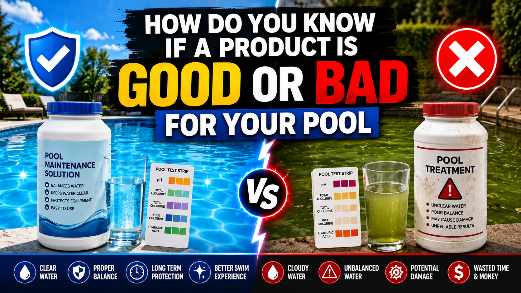 Good vs bad pool products comparison showing clean water versus cloudy water with pool chemicals