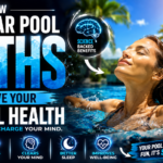 Smiling woman relaxing in a clear swimming pool, highlighting the science-backed mental health benefits of regular pool baths such as stress reduction and better sleep.