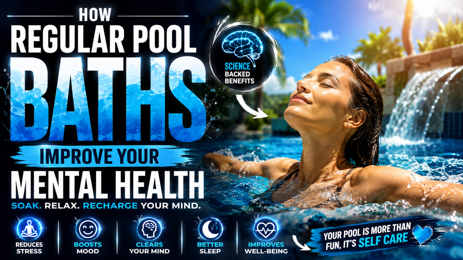 Smiling woman relaxing in a clear swimming pool, highlighting the science-backed mental health benefits of regular pool baths such as stress reduction and better sleep.