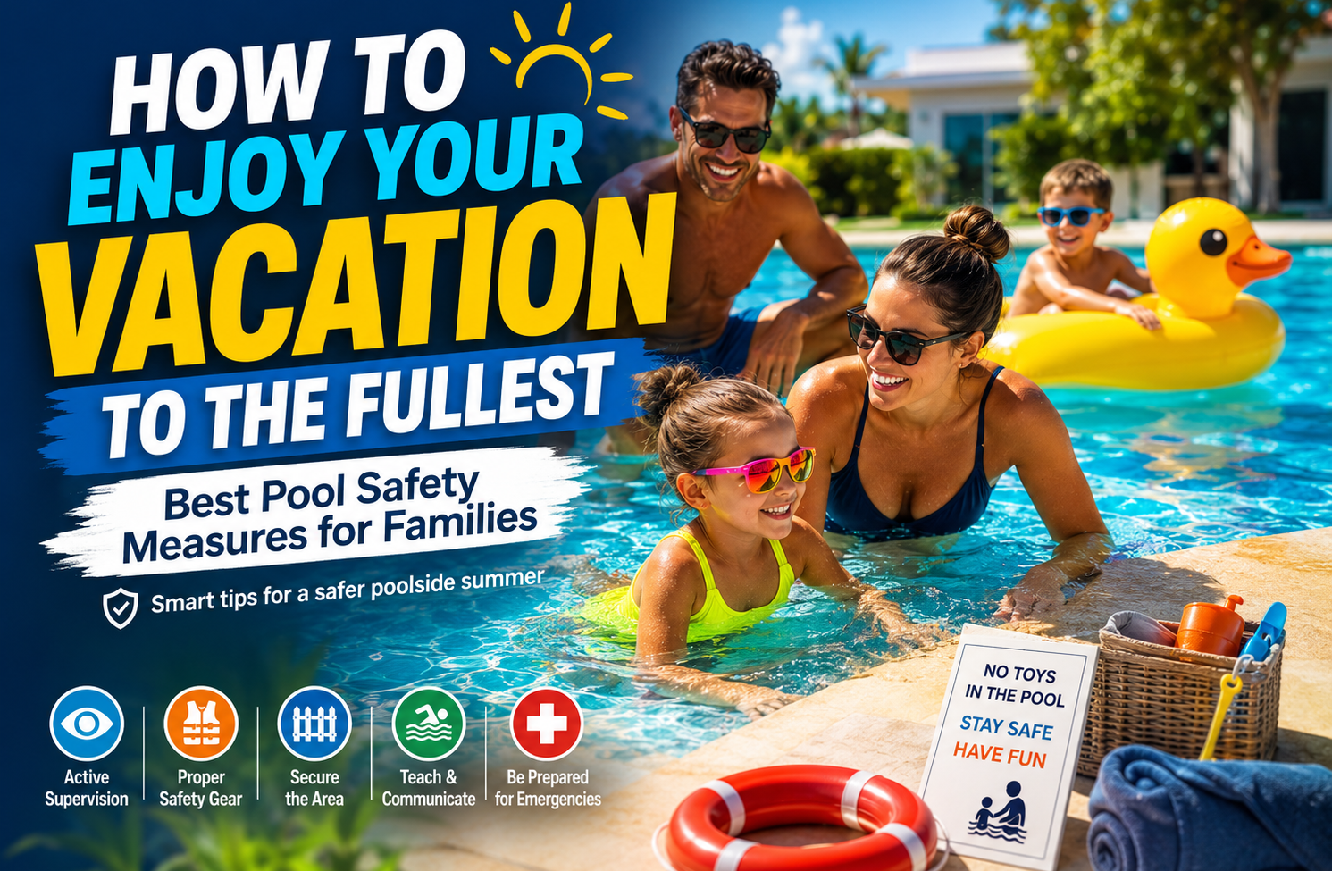 Happy family swimming in a pool with an infographic overlay titled 'How to Enjoy Your Vacation to the Fullest', highlighting best pool safety measures like active supervision, emergency preparedness, and removing toys.