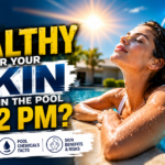 Woman relaxing in a pool under the bright noon sun, featuring the text "Is it healthy for your skin to get in the pool at 12 pm?" along with icons for sun exposure, pool chemicals, and skin risks.