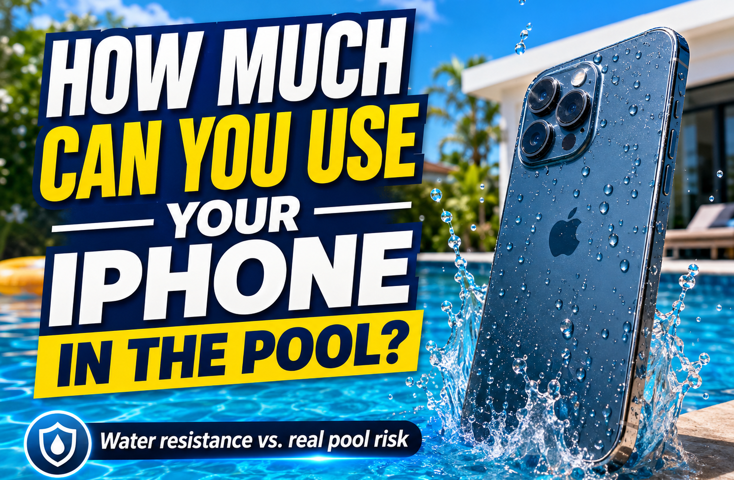 A blue iPhone splashing into a swimming pool next to text asking how much you can use your iPhone in the pool, highlighting water resistance versus real pool risk.