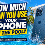 A blue iPhone splashing into a swimming pool next to text asking how much you can use your iPhone in the pool, highlighting water resistance versus real pool risk.