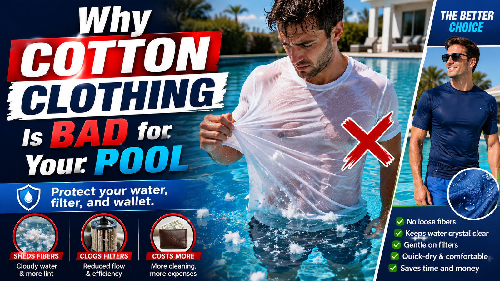 Infographic explaining why cotton clothing is bad for your pool, showing how a wet cotton shirt sheds fibers, clogs filters, and increases maintenance costs compared to proper synthetic swimwear.