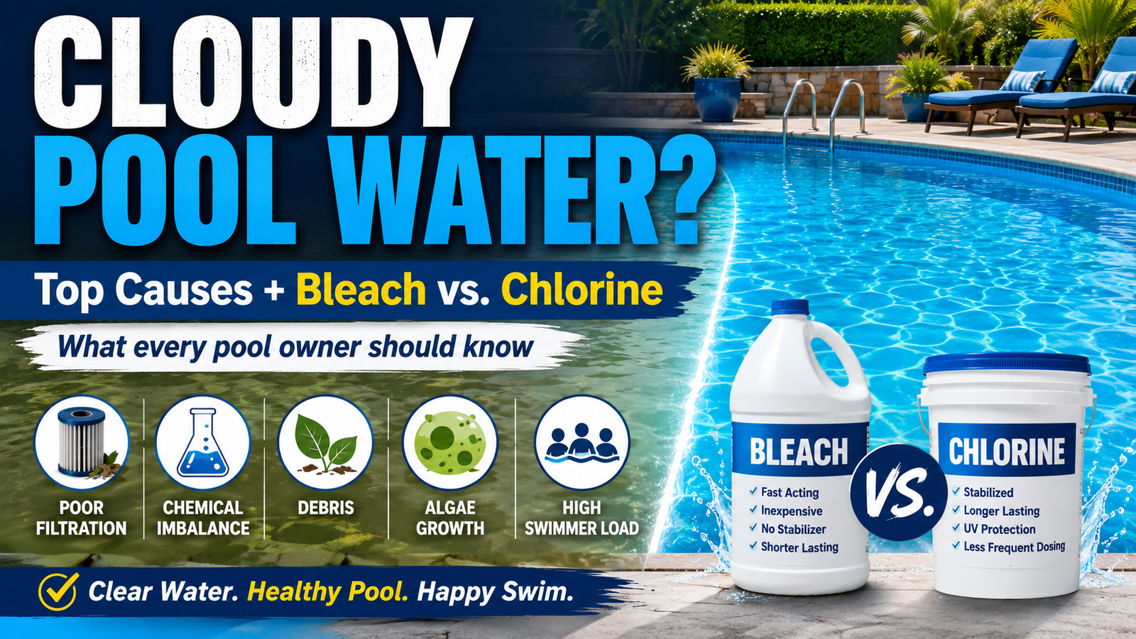 Graphic showing a cloudy versus clear pool, listing poor filtration and chemical imbalances as causes, alongside a comparison of bleach and chlorine containers.