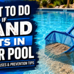 Blue pool skimmer net collecting a pile of sand from the steps of a swimming pool.