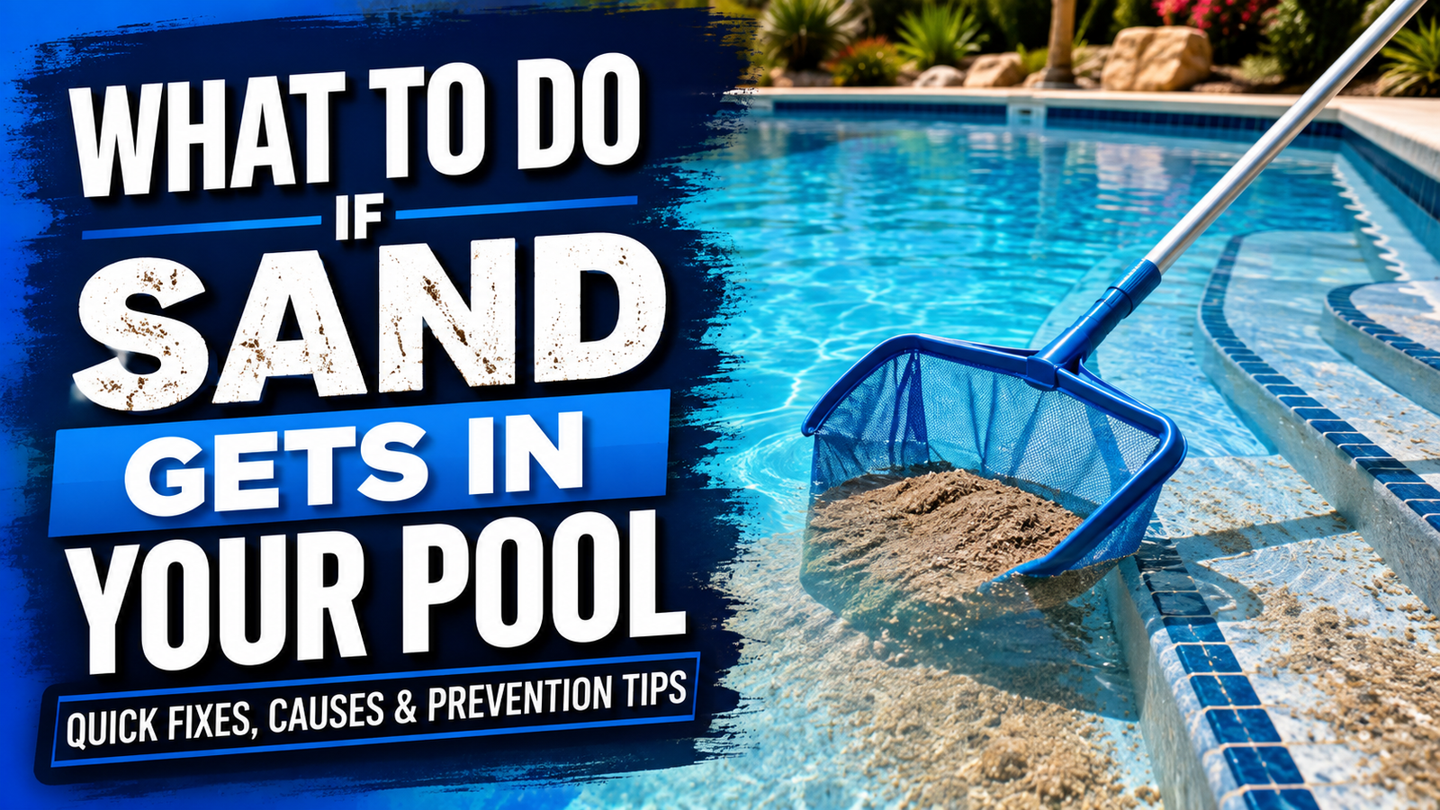 Blue pool skimmer net collecting a pile of sand from the steps of a swimming pool.