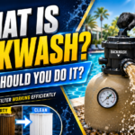 Technician performing a pool filter backwash, showing dirty water flushing out, a pressure gauge, and a dirty versus clean filter comparison.