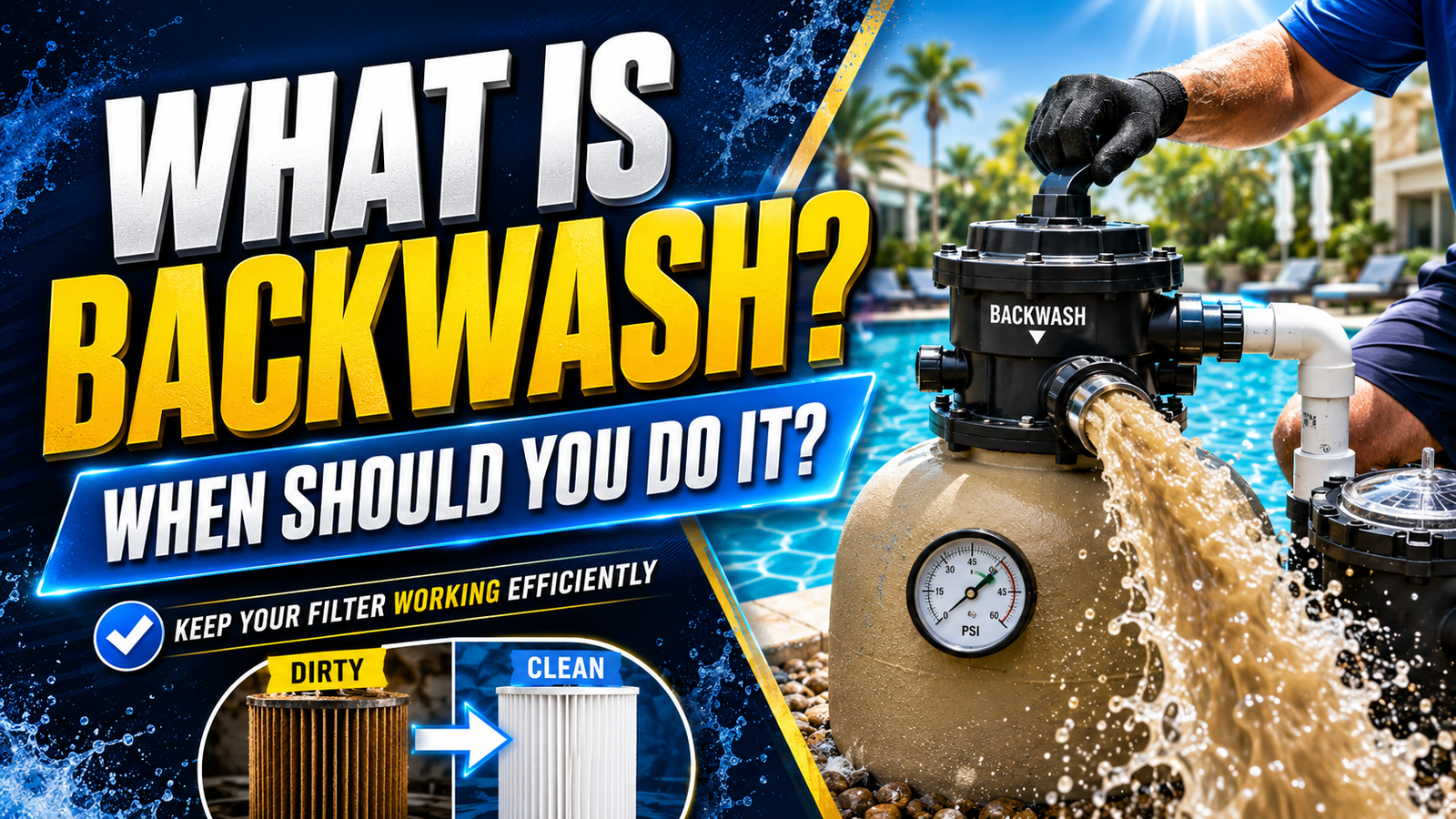 Technician performing a pool filter backwash, showing dirty water flushing out, a pressure gauge, and a dirty versus clean filter comparison.