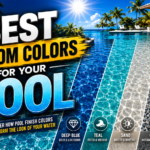A visual comparison showing how different pool bottom colors, including deep blue, teal, sand, gray, and black, transform the appearance of the water.