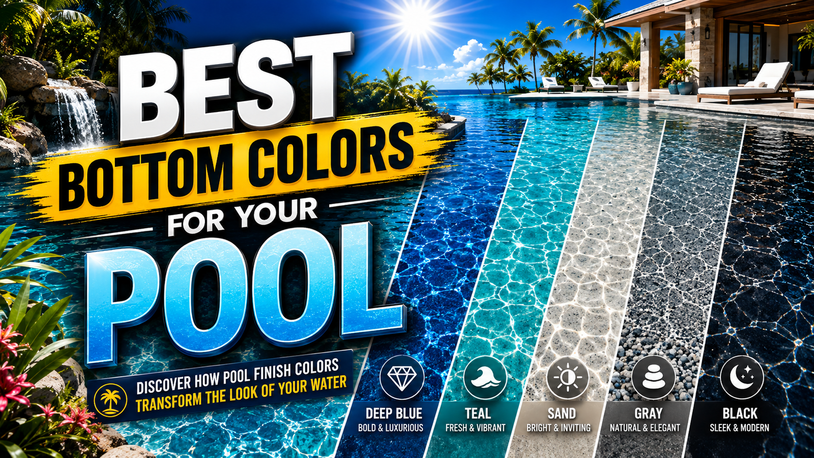 A visual comparison showing how different pool bottom colors, including deep blue, teal, sand, gray, and black, transform the appearance of the water.