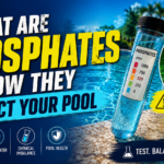 Informative infographic detailing what pool phosphates are and how they affect your pool water quality, causing algae growth, cloudy water, and chemical imbalances. Includes a test tube scale and illustrations.