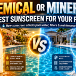 Graphic comparing chemical vs mineral sunscreen and how sunscreen affects pool water, filters & maintenance.