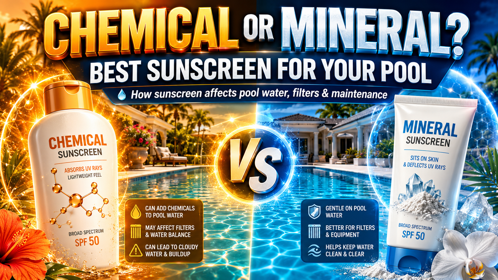 Graphic comparing chemical vs mineral sunscreen and how sunscreen affects pool water, filters & maintenance.