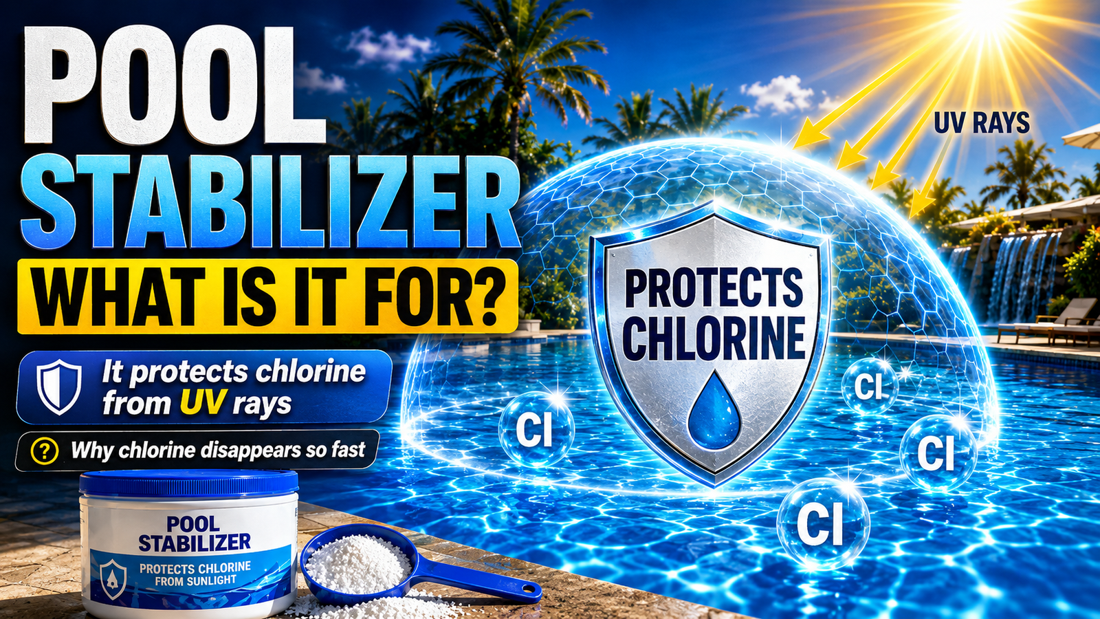 Illustration showing how pool stabilizer creates a protective shield over chlorine molecules to block harmful UV rays in a swimming pool.
