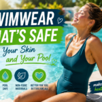 Woman relaxing by a swimming pool wearing a dark teal swimsuit, with graphic overlays highlighting skin-friendly, non-toxic, and pool-safe swimwear materials.