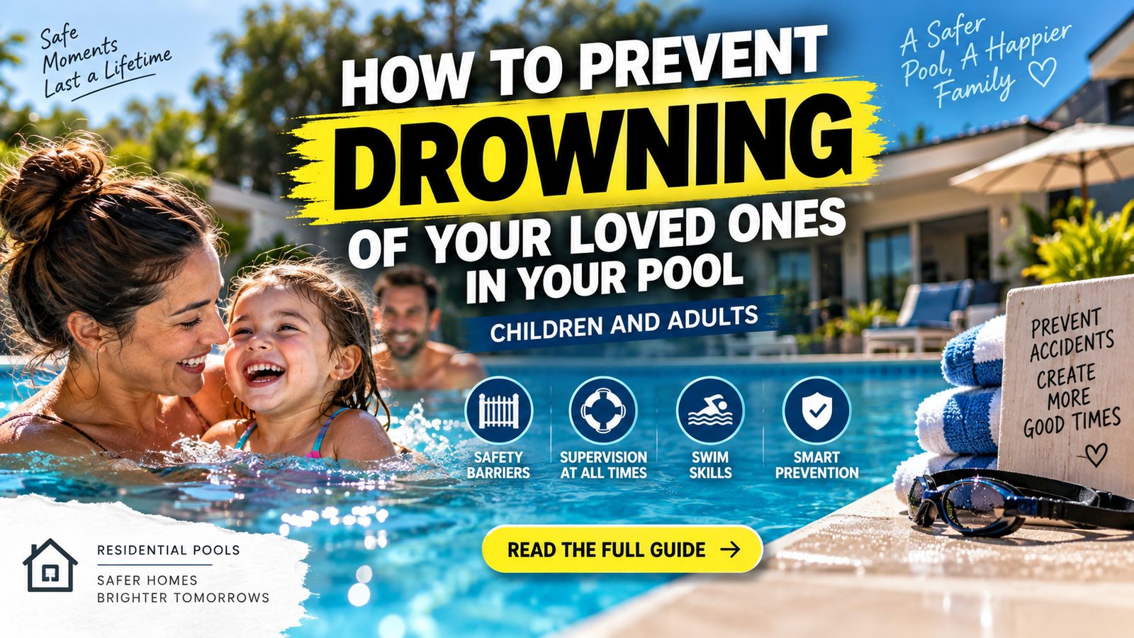 Happy family swimming in a residential pool illustrating smart prevention and how to prevent drowning of children and adults.