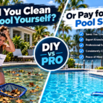 Split screen comparing a stressed pool owner struggling with DIY pool chemistry and debris next to a professional pool cleaner vacuuming a pristine pool.