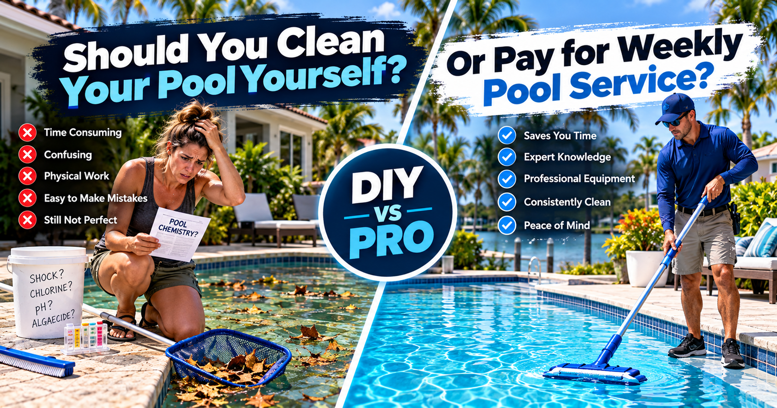 Split screen comparing a stressed pool owner struggling with DIY pool chemistry and debris next to a professional pool cleaner vacuuming a pristine pool.