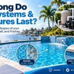 Infographic showing a residential pool with expected lifespans for pool equipment, interior finishes, and the concrete structure.