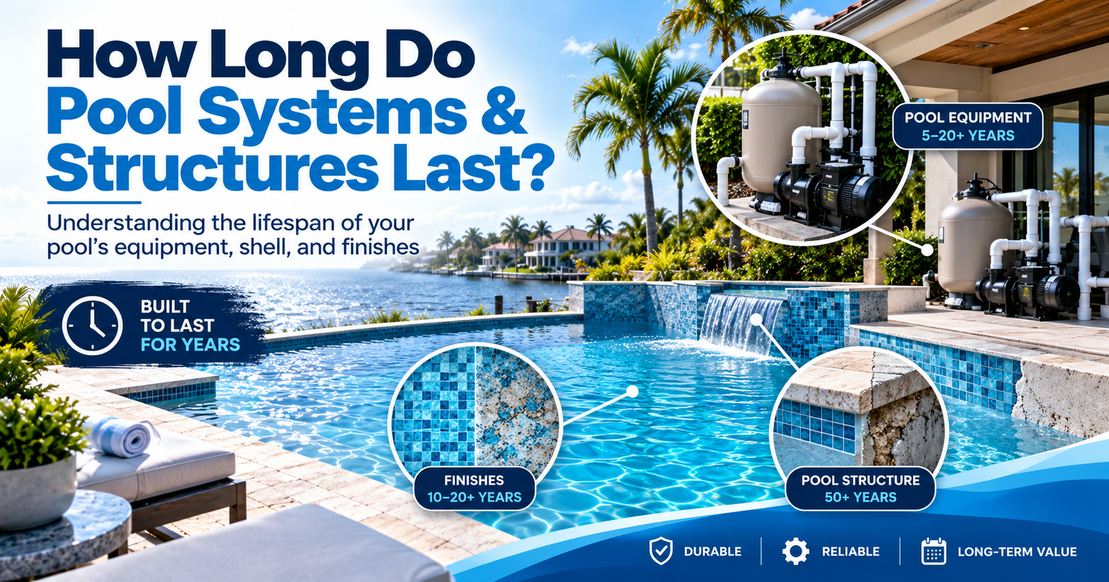 Infographic showing a residential pool with expected lifespans for pool equipment, interior finishes, and the concrete structure.