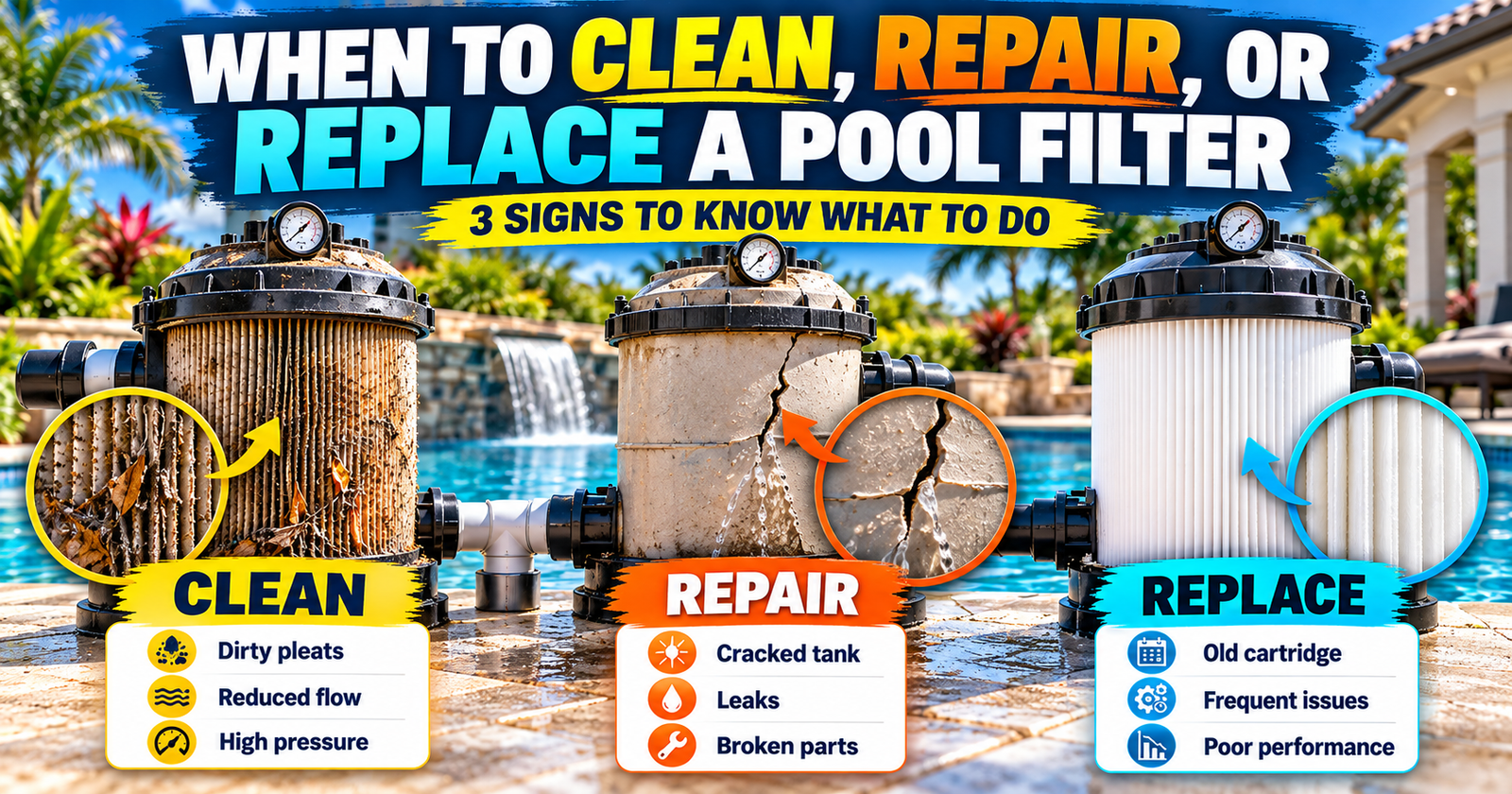 Infographic showing three pool filters side-by-side demonstrating the signs of when to clean dirty pleats, repair a cracked leaking tank, or replace an old cartridge.