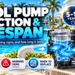 Cross-section graphic of a pool pump showing internal water flow, with text highlighting pool pump function, a lifespan of 5 to 15 years, and warning signs.