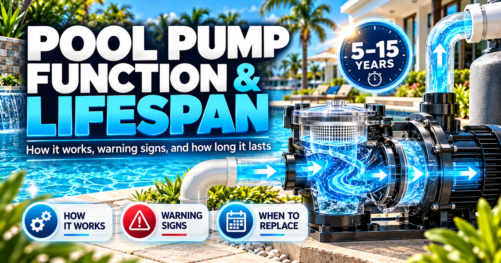 Cross-section graphic of a pool pump showing internal water flow, with text highlighting pool pump function, a lifespan of 5 to 15 years, and warning signs.