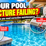 Swimming pool showing 4 warning signs of structural failure: hairline cracks, tile separation, structural movement, and deck shifting.